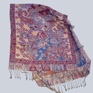 Vintage paisley floral pashmina shawl scarf fringe beige blue red 27” x 68”